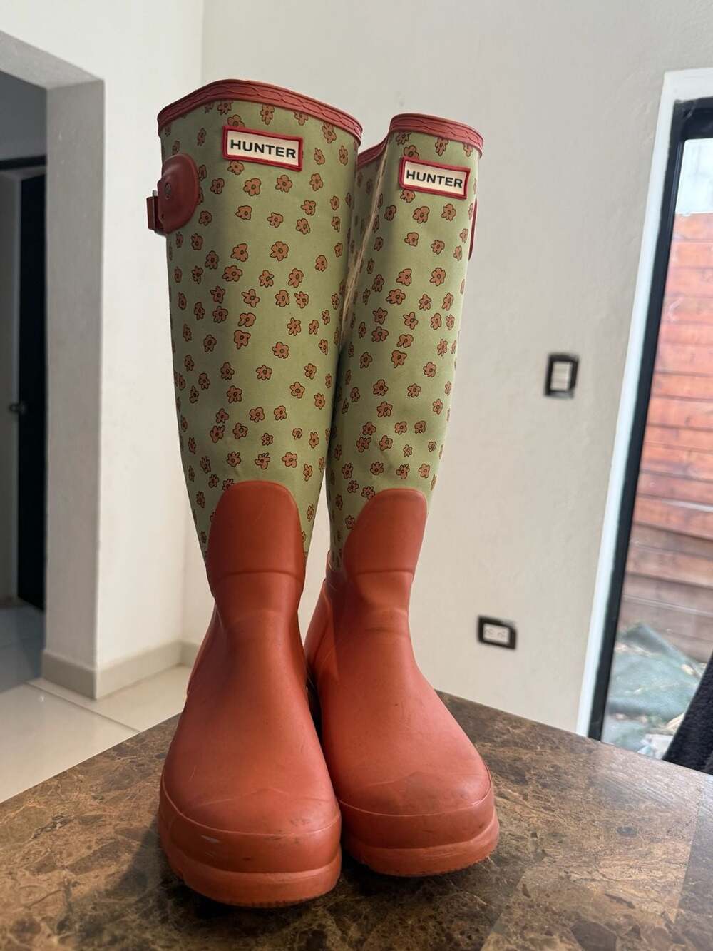 Hunter Tall Rain Boots Green Orange Floral